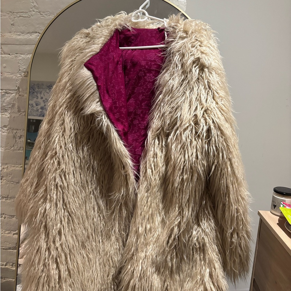 Free People Faux Fur Cream Jacket with Violet Lining.